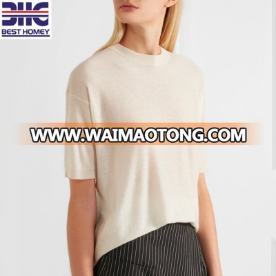 Women's pure cashmere crew neck short sleeve knitted t shirt luxe pullover sweater