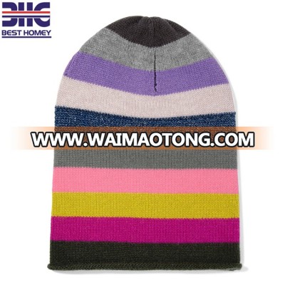 Women's striped hats multicolored 100% cashmere soft fashion knitted beanies for winter