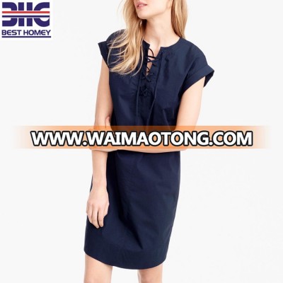 Classic women's 100% cotton navy blue fashion oversized short sleeve lace up shirt summer dresses