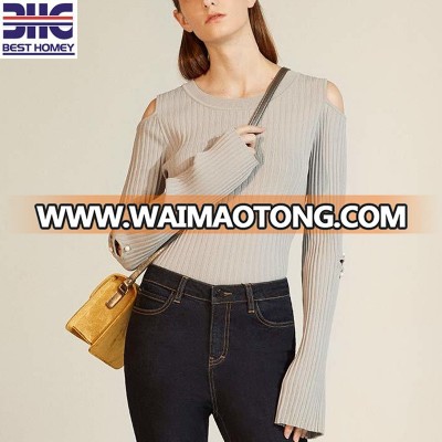 long sleeve crew neck ribbed cotton sweater off the shoulder design with pearl buttons for women 2018