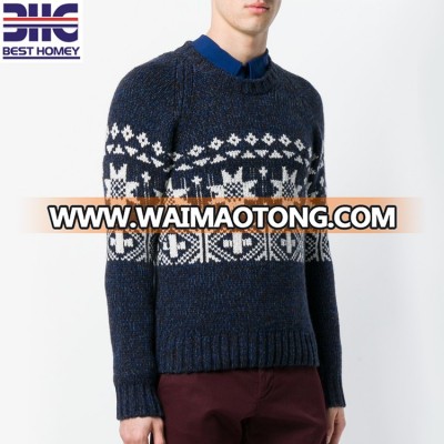 Men's pure cashmere knitted crew neck intarsia design jumper pullover sweater for man