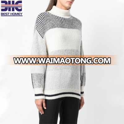 Women acrylic striped rib knit crew neck sweater pullover