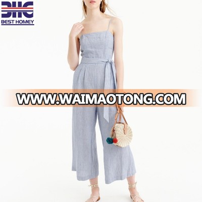 Women's 100% linen striped spaghetti strap casual and fashion jumpsuits with tie for ladies