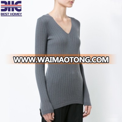 Women's V neck long sleeves pure cashmere knitted pullover slim fit sweater for girls