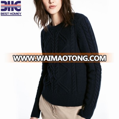 classic cable knitted winter sweaters crew neck long sleeve thick for women navy color