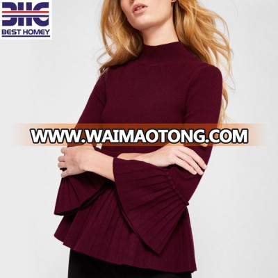 Women's wine cashmere blend permanent pleated sleeve Crew Neck Knitted Sweater